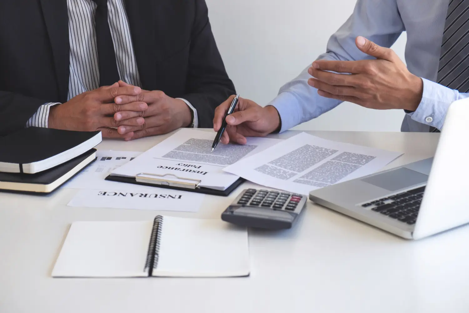 Agent man presentation and consulting life insurance detail to customer and waiting for his reply agreement to finish.